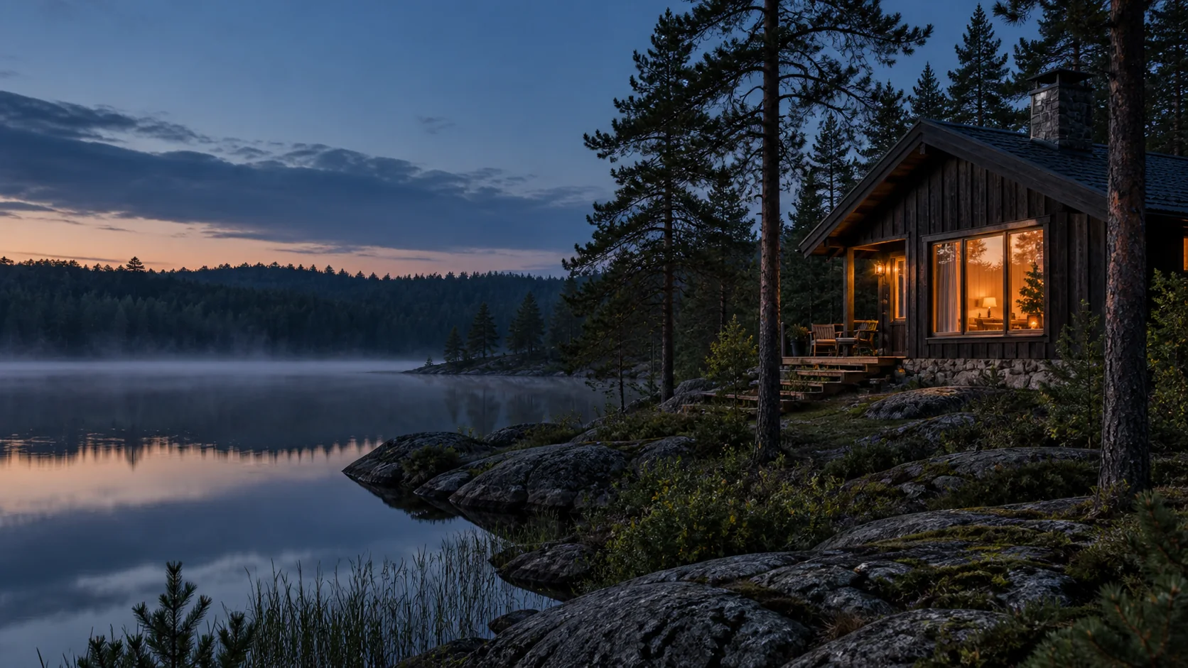 Mörk timmerstuga med upplysta fönster vid en svensk sjö i skymningen